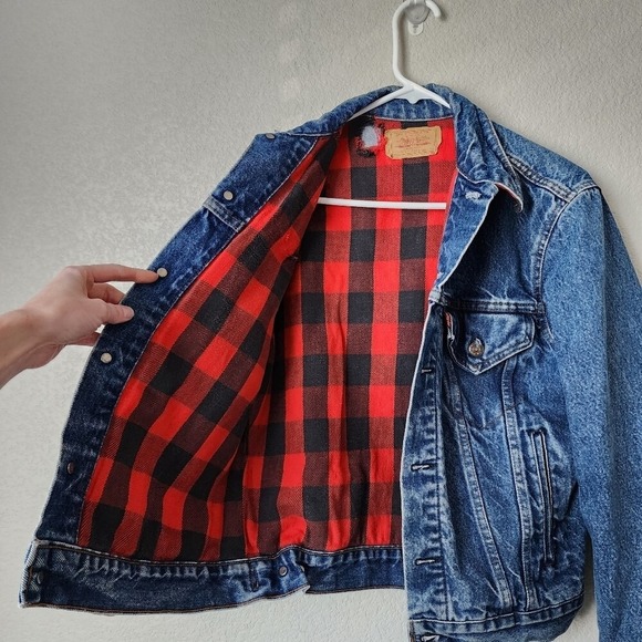 LEVIS VINTAGE 90s Buffalo‎ Plaid Lined Denim Trucker Jacket Size 38 - Picture 6 of 12